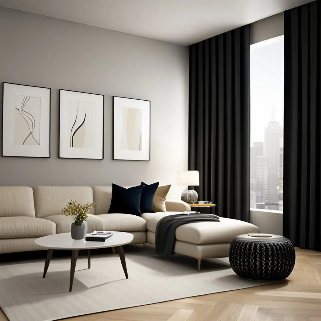 Black color curtains for  beige walls