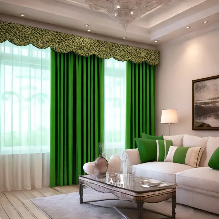 Green color Curtains for  beige color walls